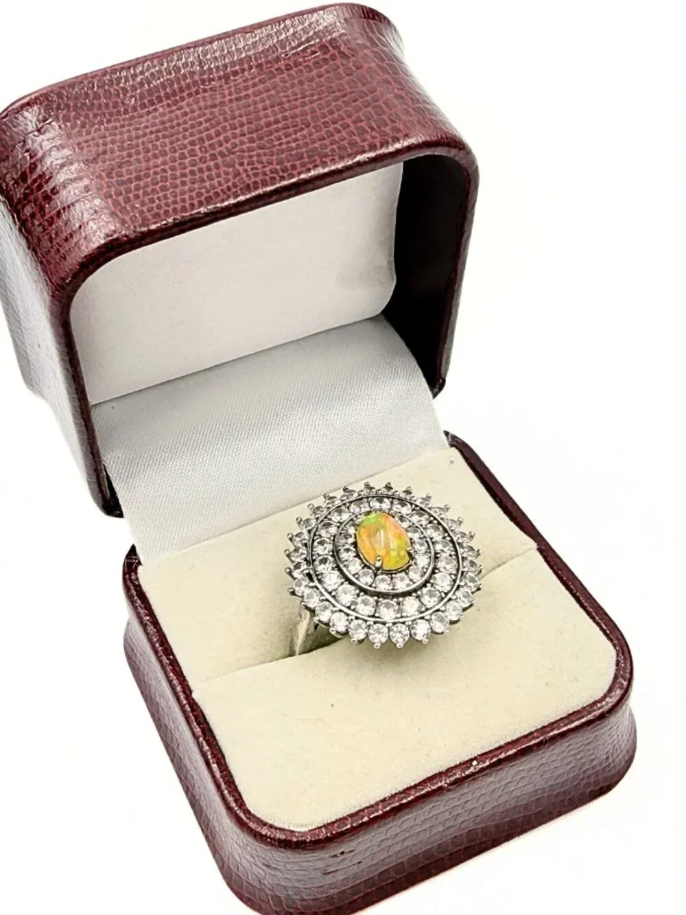 Contemporary Marked Sterling Silver 3 Halo Lab Opal Topaz Cocktail Ring Sz 10.75